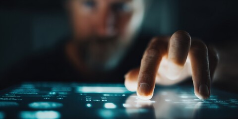 Person interacting with digital interface, technology integration and advanced interface in a dark environment