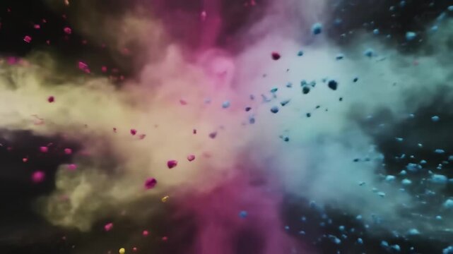 Explosive colored powder eruption in darkness, hyperreal detail, vivid color clouds unfurl gracefully