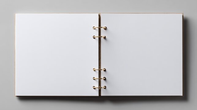 Open Blank Ring Binder Album Featuring White Paper on a Gray Background, Overhead Studio Shot