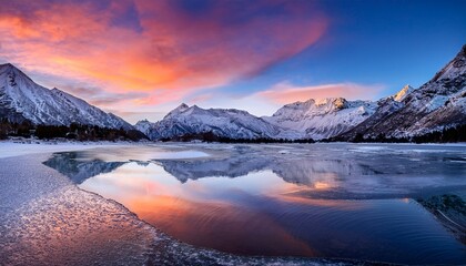 frozen lake and icy water reflecting snow mountain range under vibrant sunset sky creating cold winter landscape with twilight colors and dramatic snow reflections