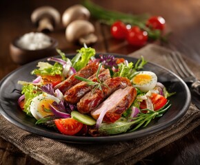 Bavarian sausage salad, on the table, with space for copying