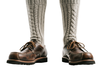 PNG cut out isolated background. A close-up detail shot of traditional Bavarian clothing for Oktoberfest, showing brown leather shoes (Haferlschuhe) and grey cable-knit wool socks.