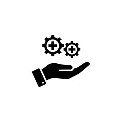 Hand holding gears with plus sign inside minimalist black and white vector icon