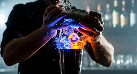 Expert mixologist at work, shaking a vibrant cocktail with glowing ice cubes. A close-up of skillful bartending with colorful lights.