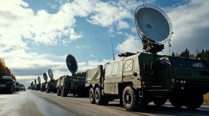 strategic deployment logistics center with satellite dishes and communication vehicles,