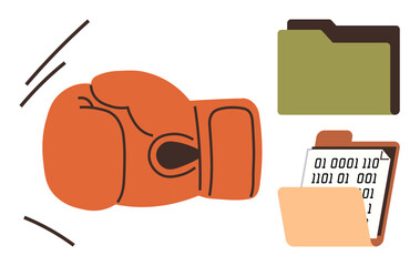 Boxing glove hitting folders with binary code papers highlights challenges in data, cybersecurity, and resources. Ideal for conflict, competition, protection, analysis, technology, decision-making