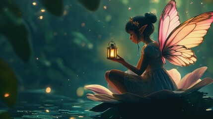 Enchanting fairy with glowing lantern in tranquil water garden scene