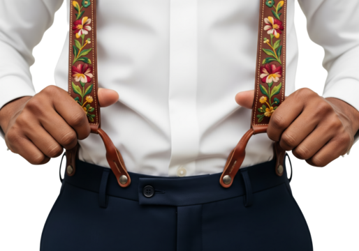 PNG cut out isolated background. A close-up shot of a man of color's torso, showcasing his stylish attire. His hands hold detailed leather suspenders featuring intricate floral embroidery. 