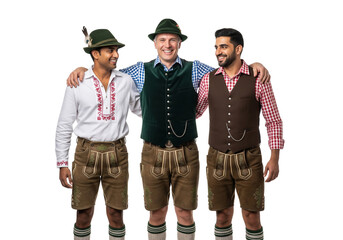 PNG cut out isolated background. A portrait of three happy and diverse young men wearing traditional Bavarian lederhosen and hats, stands together smiling, ready for Oktoberfest.