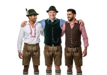 PNG cut out isolated background. A portrait of three happy and diverse young men wearing traditional Bavarian lederhosen and hats, stands together smiling, ready for Oktoberfest.