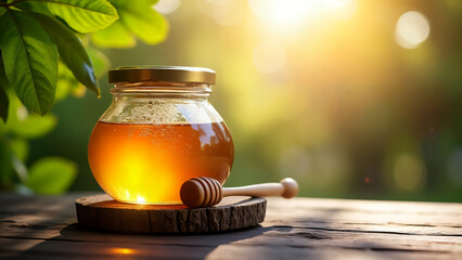 Golden Nectar: A jar of golden honey, a symbol of natural sweetness, rests on a wooden stand, accompanied by a wooden honey dipper, all set against a blurred backdrop of lush greenery.