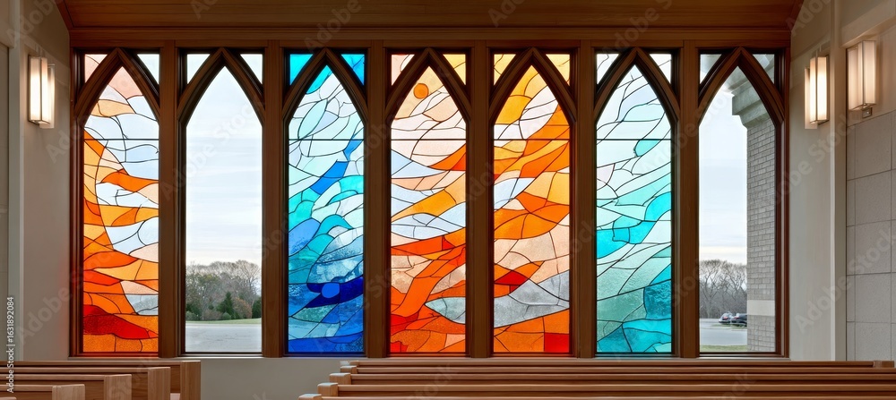 Poster abstract stained glass window design in a religious chapel, featuring colorful geometric patterns