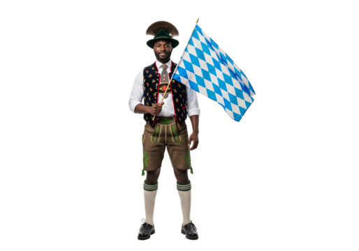 PNG cut out isolated background. A full-length portrait of a proud Black man wearing full, traditional Bavarian attire, including lederhosen and a hat, while holding the blue and white checkered flag 