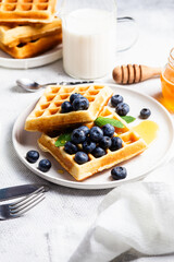 Waffles with blueberries, ice cream, and honey on a plate