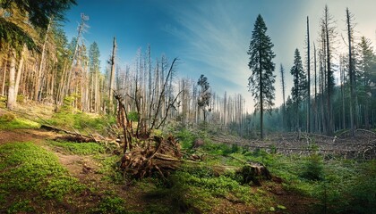 contrasting forest scene with healthy and dead trees