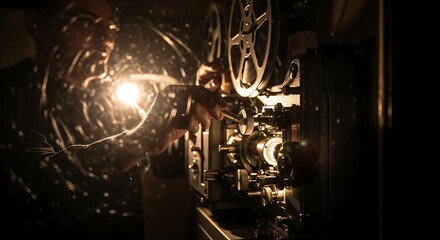 Nostalgic Cinema: Man Operating Vintage Movie Projector in Dark Room for Film Presentation