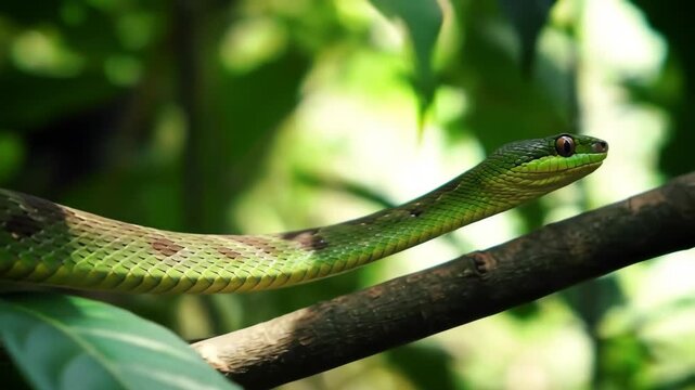 Green Snake Resting on Jungle Branch