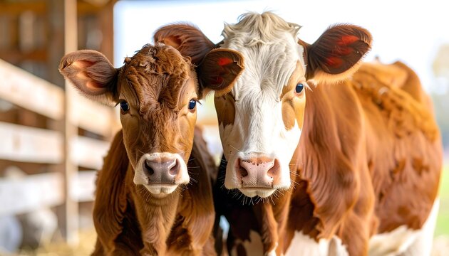 Portrait of two adorable brown cows standing closely together in a barn