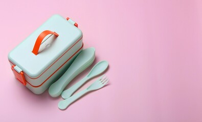 Lunch box set with utensils arranged on a pastel pink background for lunch preparation and meal...