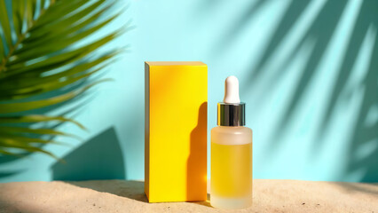 Skincare Product Display: A radiant skincare product, housed in a elegant bottle and its vibrant packaging, is presented on a sandy surface with a tropical leaf casting an appealing shadow.