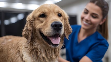 Vet technician grooming a friendly golden retriever dog