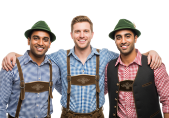 PNG cut out isolated background. A portrait of three happy and diverse young men wearing traditional Bavarian lederhosen and hats, stands together smiling, ready for Oktoberfest.