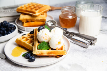 Waffles with blueberries, ice cream, and honey on a plate