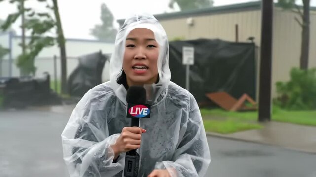 asian female reporter braving rainy weather holds microphone labeled "live" while wearing transparent raincoat. outdoor tv broadcasting during stormy conditions. journalism, breaking news, report.