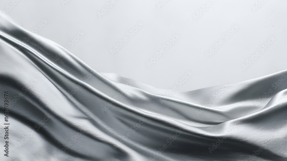 Poster silver fabric drapes casting shadows with a textured surface and blurred backdrop