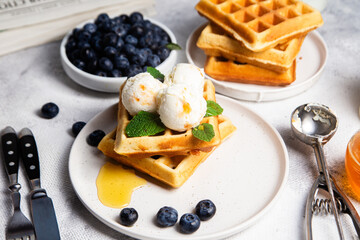 Waffles with blueberries, ice cream, and honey on a plate