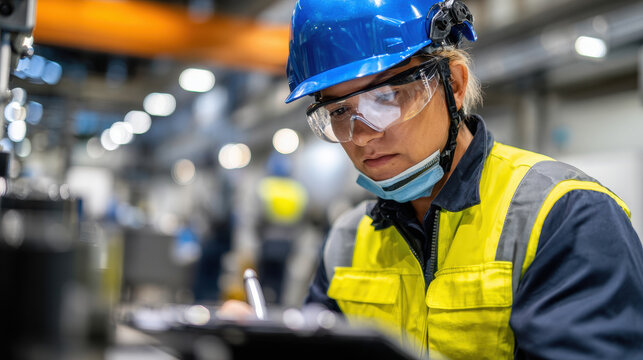 Factory worker wearing safety helmet and glasses writing on clipboard in industrial environment with focused expression - Powered by Adobe
