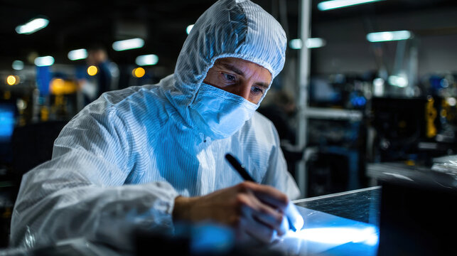 Scientist laboratory protective suit mask research technology cleanroom focused male worker industrial experiment hygiene