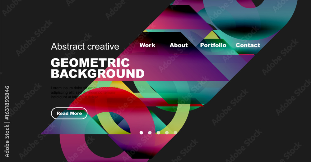 Poster abstract website header design. vibrant geometric shapes, text overlay, navigation menu present. mod