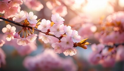Obraz premium blossoming beauty delicate pink cherry blossoms signaling spring s gentle arrival with branches backlit by ethereal soft