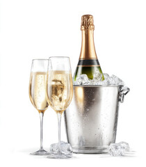  bottle of champagne in an ice bucket with  glasses, on a transparent background.