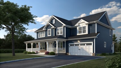 Beautiful dark blue two story family home with white trim and attached garage