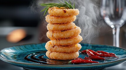 Gourmet calamari rings tower with dark balsamic glaze and fresh rosemary garnish on elegant turquoise restaurant plate