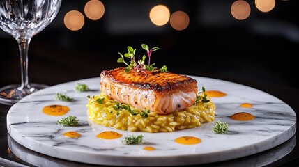 Turbot filet with beautifully caramelized skin served on rich saffron risotto, adorned with fresh herbs, sophisticated fine dining presentation