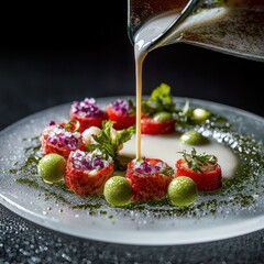 Artisanal ceviche bowl with precision-plated tuna sashimi, purple microgreens and dramatic citrus sauce cascade on white plate