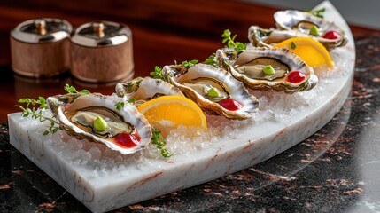 Oyster presentation on marble board with six fresh oysters on crushed ice, garnished with orange slices, microgreens and red sauce dots