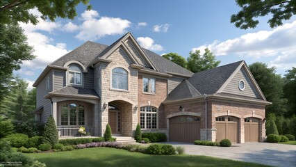 Obraz premium Luxury brick mansion with double garage and lush greenery