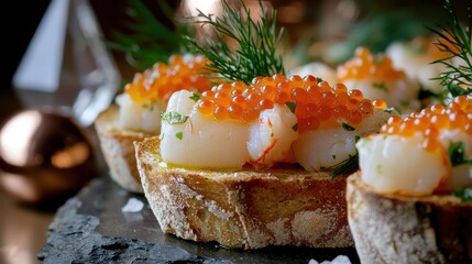 Luxury seafood bruschetta showcasing delicate scallops, vibrant orange roe and fresh dill on artisanal toast