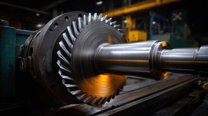 Metal gear cutting machine with shiny steel gear and industrial workshop background, precise manufacturing process