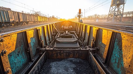 Vintage coal car interior showing weathered steel compartments and coal dust residue in historic railway yard with golden hour lighting