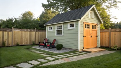 Charming backyard shed with wooden doors and garden seating