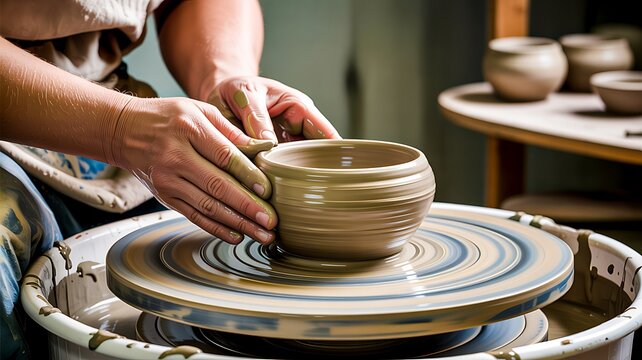 Hands shaping clay bowl on pottery wheel in creative crafting studio
