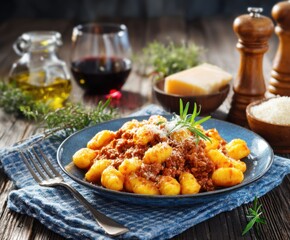 Gnocchi with bolognese sauce, on the table, with space for copying