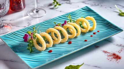 Calamari rings gourmet presentation on textured blue ceramic plate garnished with microgreens purple flowers red sauce droplets golden fried seafood luxury restaurant dish