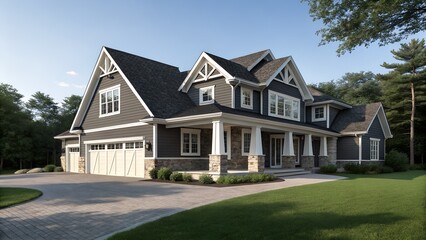Fototapeta premium Beautiful modern craftsman style house with attached garage and lush landscaping