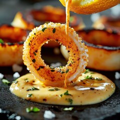 Luxury calamari rings with perfectly golden batter dripping into vibrant aioli sauce garnished with fresh herbs
